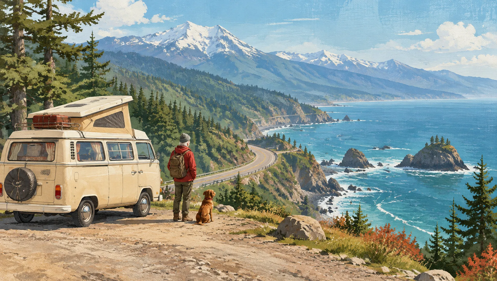 Original guide illustration of a traveler, dog and camper van at a coastal mountain overlook