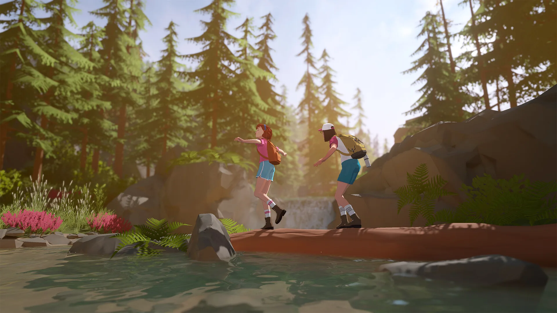 A young couple crossing a wooded stream in Forever Ago