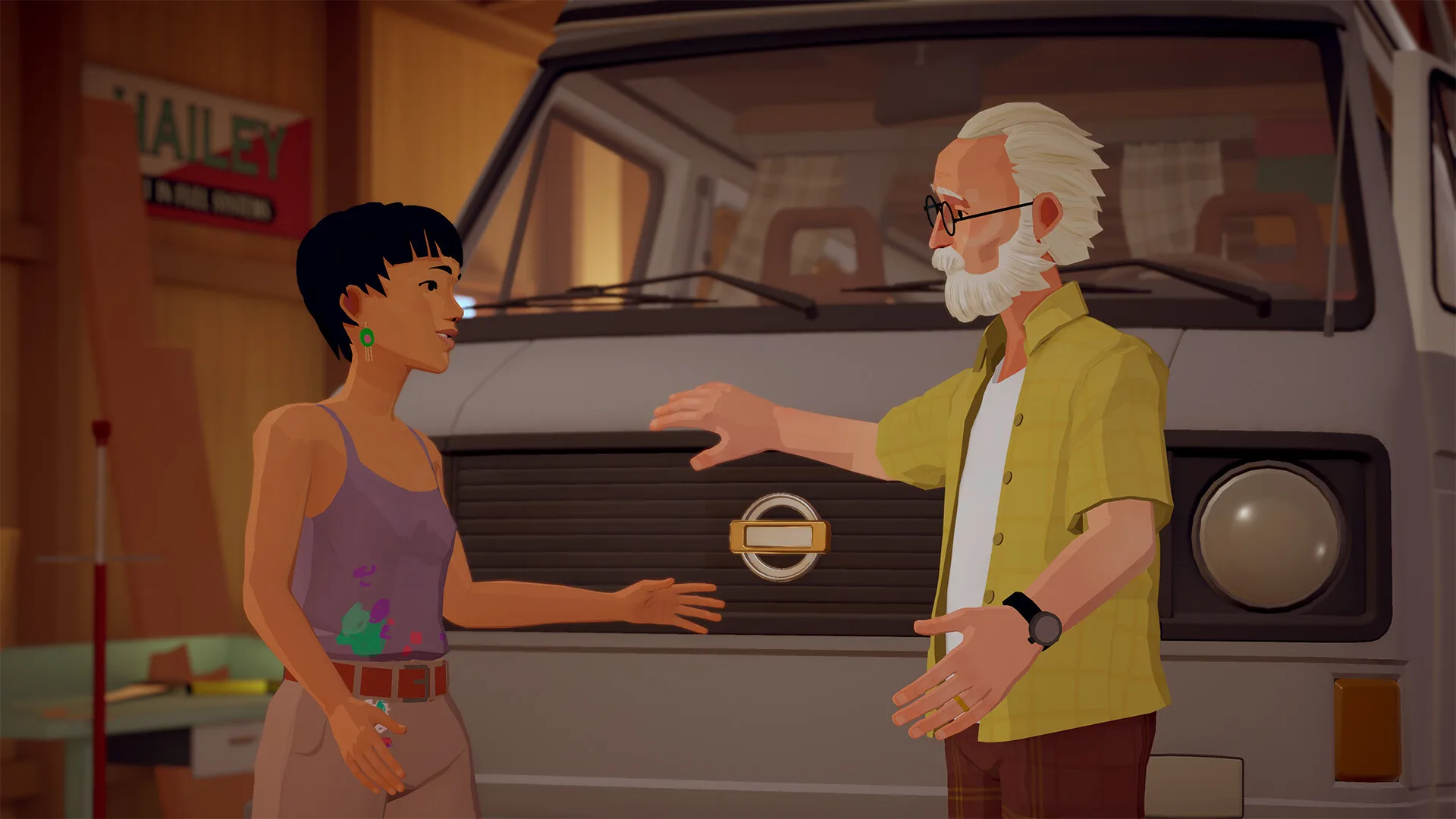Alfred talking with a woman beside the camper van in Forever Ago