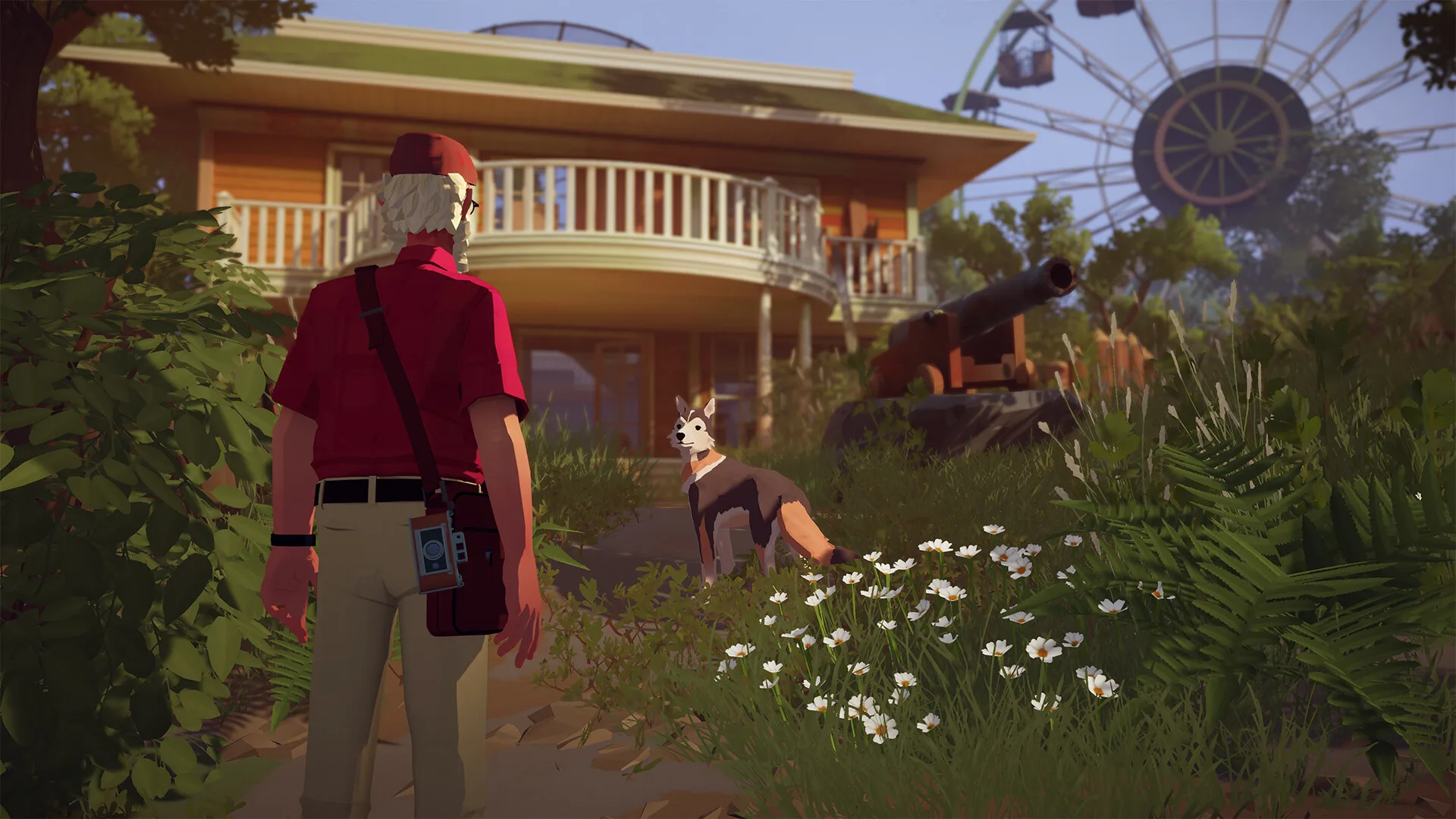 Alfred approaching a garden and lodge beneath a Ferris wheel in Forever Ago