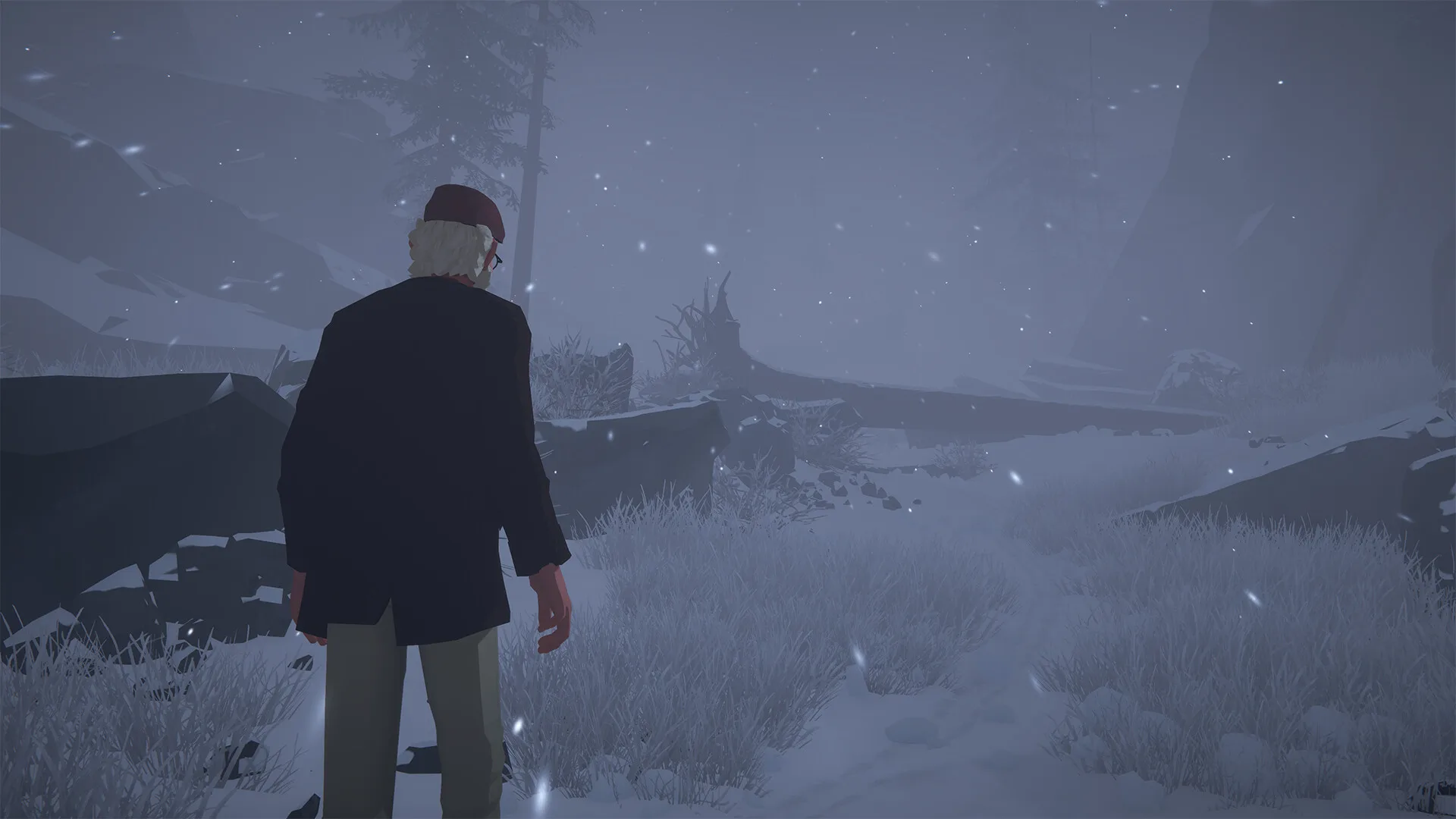Alfred standing among snow-covered trees in Forever Ago